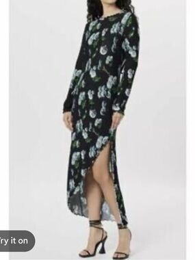 Jonathan Cohen Black Floral Long-Sleeve Maxi Dress with Side Slit
